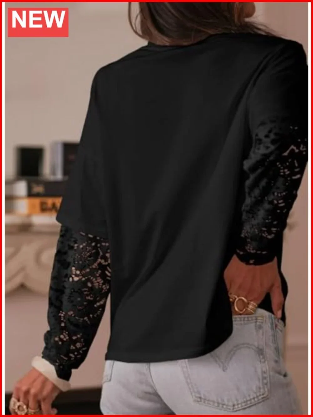 LOLONG Long Sleeve Lace Patchwork Crew Neck Casual T-Shirt Top